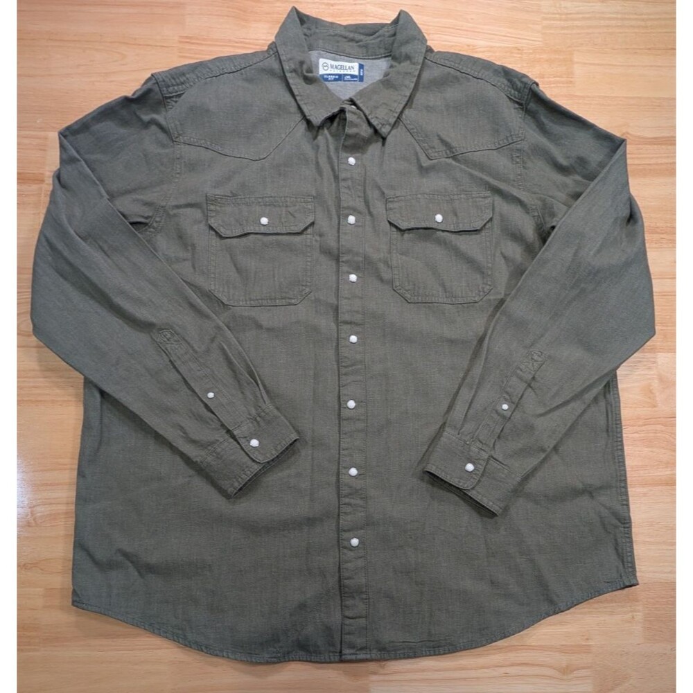 Magellan Outdoors Shirt Mens 2XL Classic Fit Flex Long Sleeve Olive Green Cotton